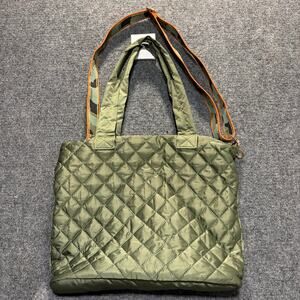 Ah-Dorned Olive Green Quilted Nylon Puffer Tote Bag Camo Strap Purse